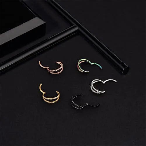 Titanium alloy nose ring with diamond coating in gold colour, showing gauge thickness and length measurements