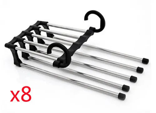 Black stainless steel five-boom trouser hanger showing level and vertical hanging options.