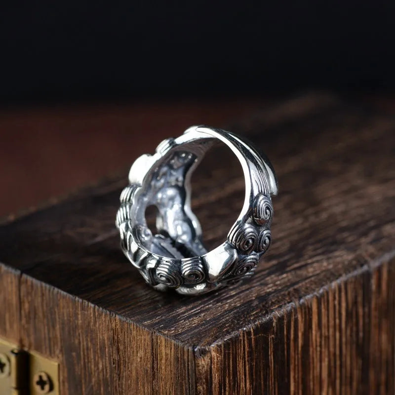 Silver open ring with detailed Jibeast animal zodiac modelling and adjustable design