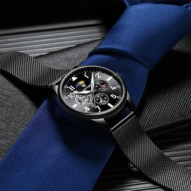 Black men's mechanical watch with 41mm diameter, luminous hands and moon phase display
