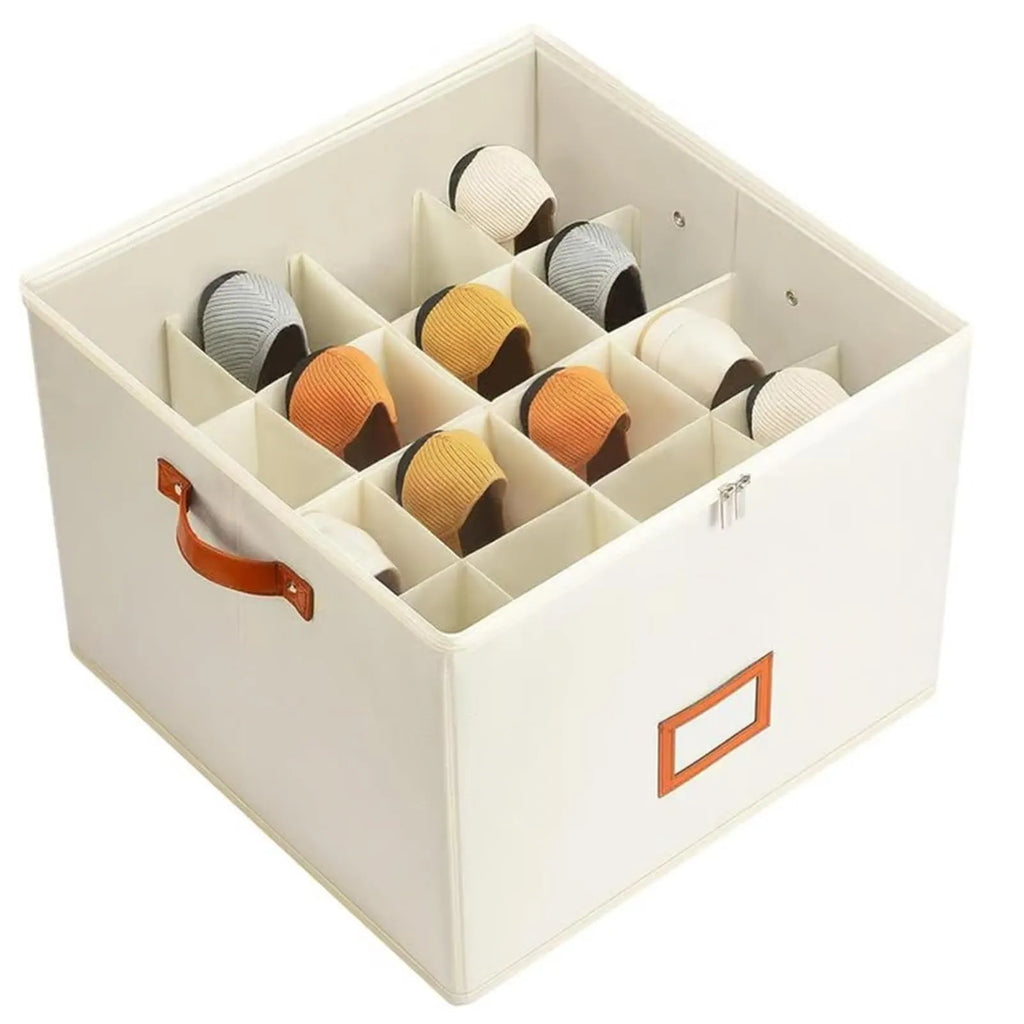 Foldable visual shoe box with grid front and lid, beige, large size 36x36x30cm