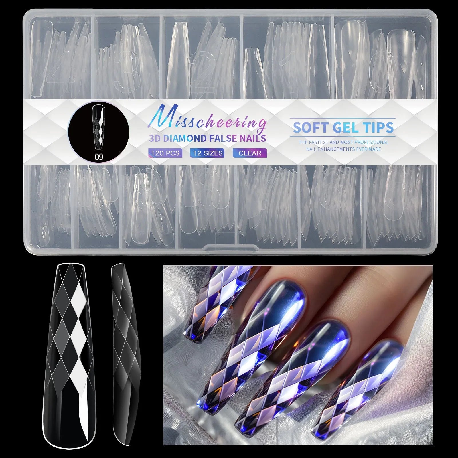 Box of long, shaped false nail tips with glittering diamond texture in various pink and white colours.