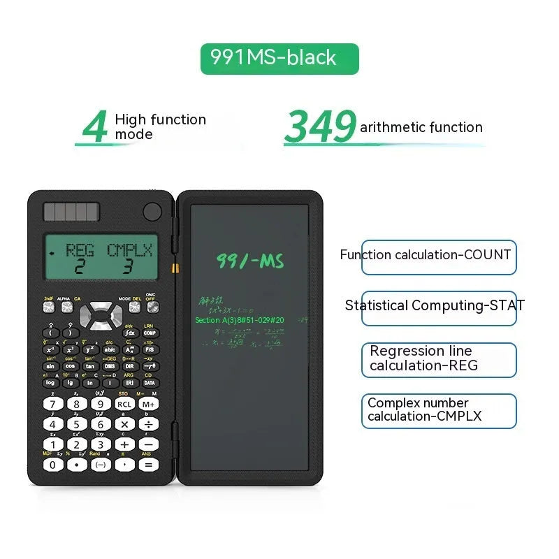 Black foldable 2-in-1 scientific calculator with handwriting tablet on blue LCD screen, ABS body, portable design