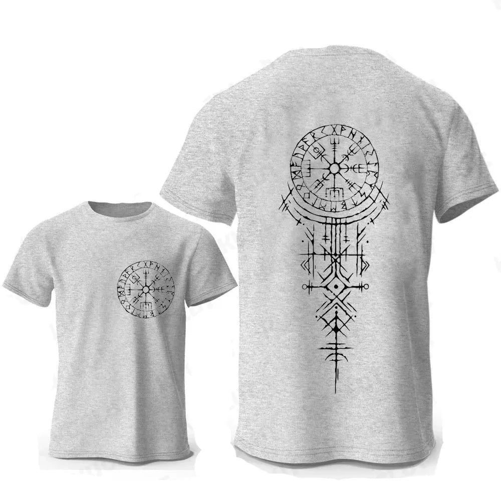 Viking Rune Compass graphic on a pure cotton pullover T-shirt for men, available in multiple colours and sizes