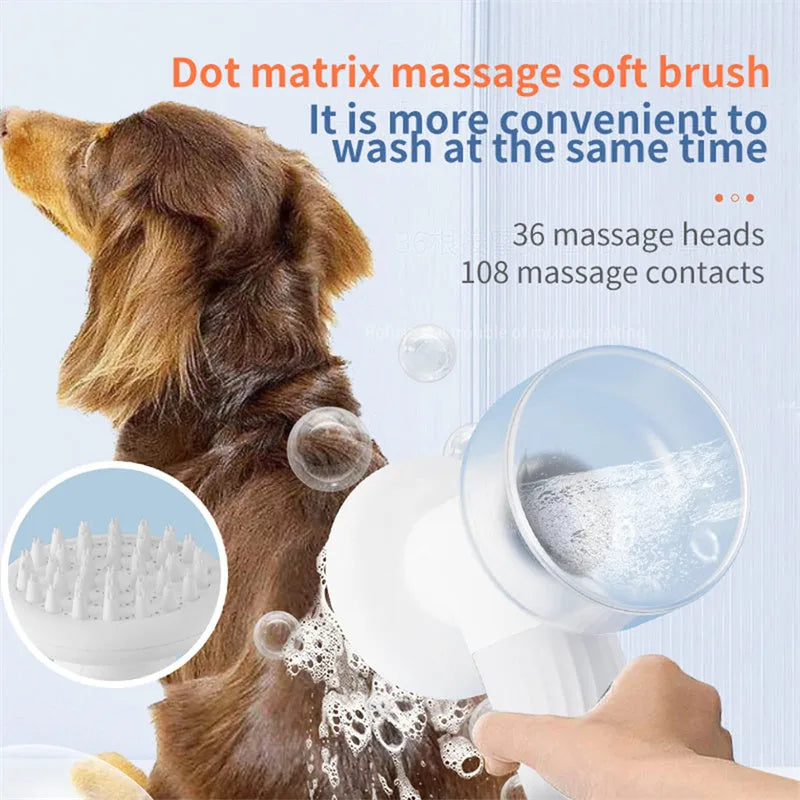 Automatic foaming dog cat bath brush with soap dispenser and silicone bristles, handheld and wireless, for pet grooming