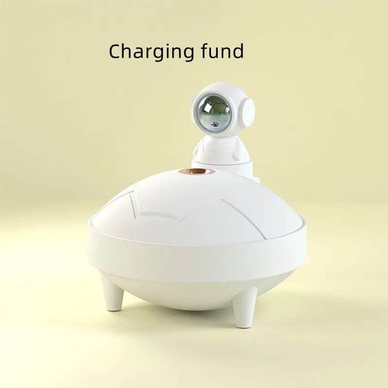 Astronaut sunset lamp humidifier with 360 degree rotating head in green colour, placed on a nightstand