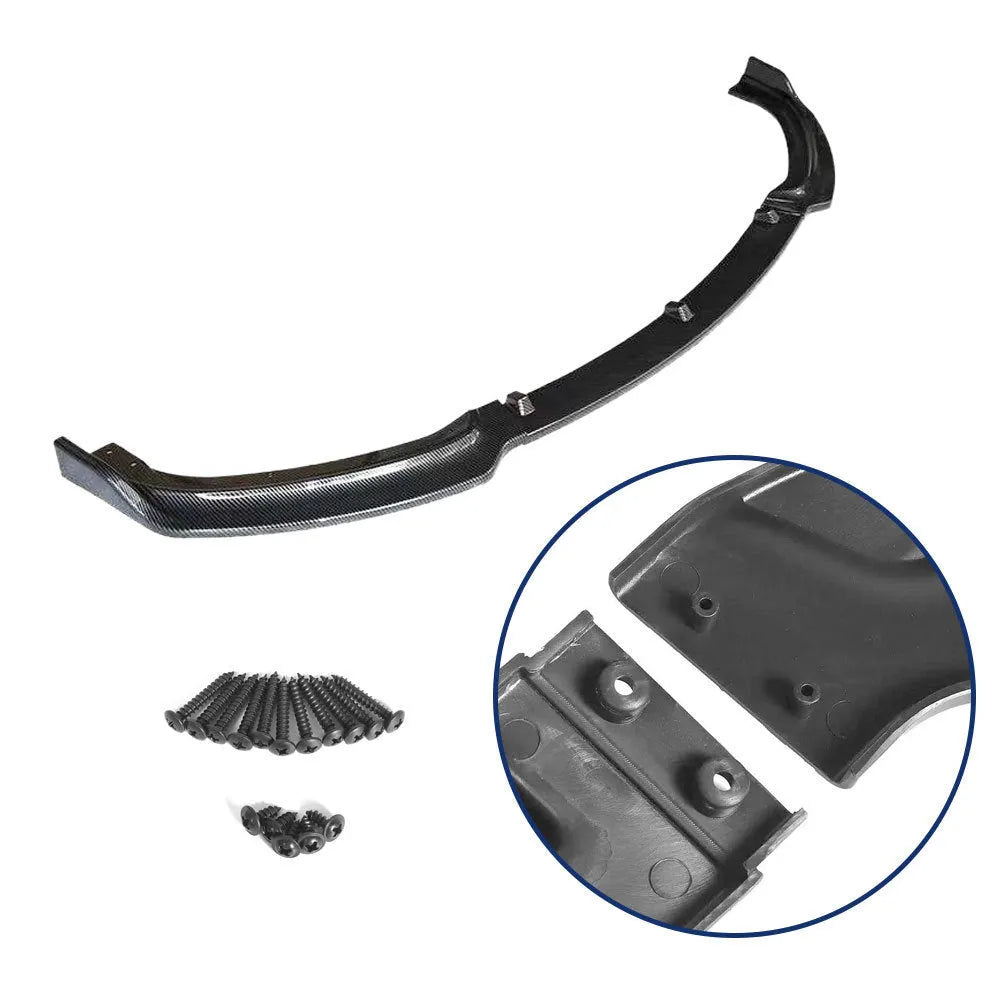 Glossy black PP front bumper lip for BMW 3 Series F30 F35 models showing 96cm shovel-style design