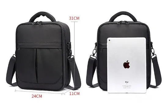 Black oxford fabric mens messenger bag with adjustable shoulder strap showing 24x11x31cm dimensions