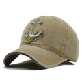 Cotton baseball cap with embroidered anchor design in red, khaki, black, and navy colour options.