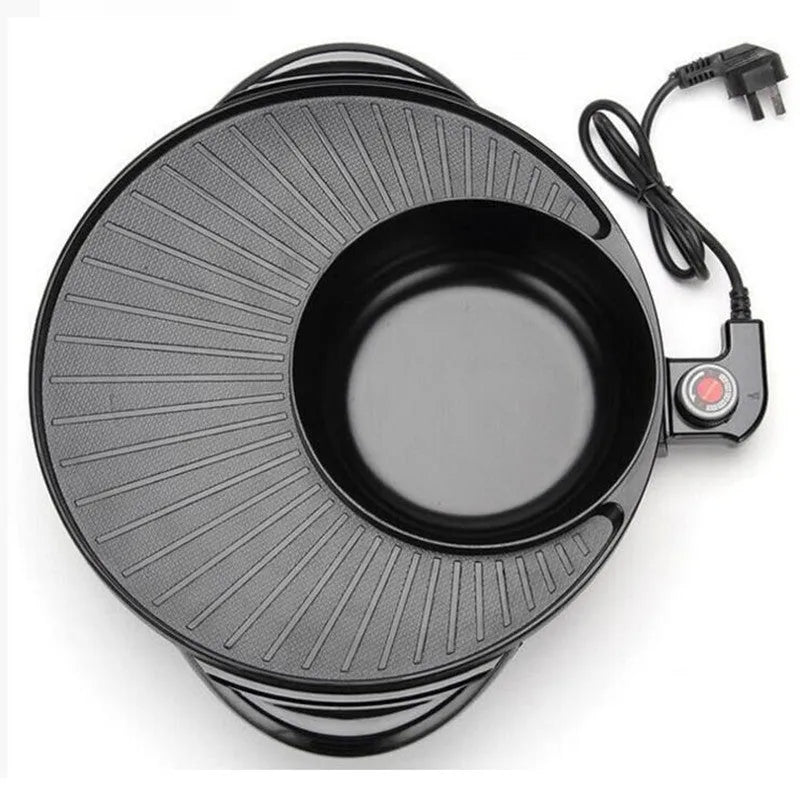 Black multifunctional electric grill pot with aluminium liner for Korean shabu-shabu hot pot and Teppanyaki cooking.