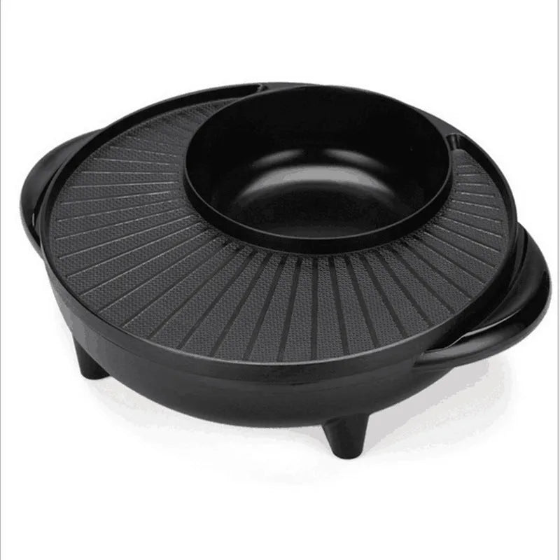 Black multifunctional electric grill pot with aluminium liner for Korean shabu-shabu hot pot and Teppanyaki cooking.