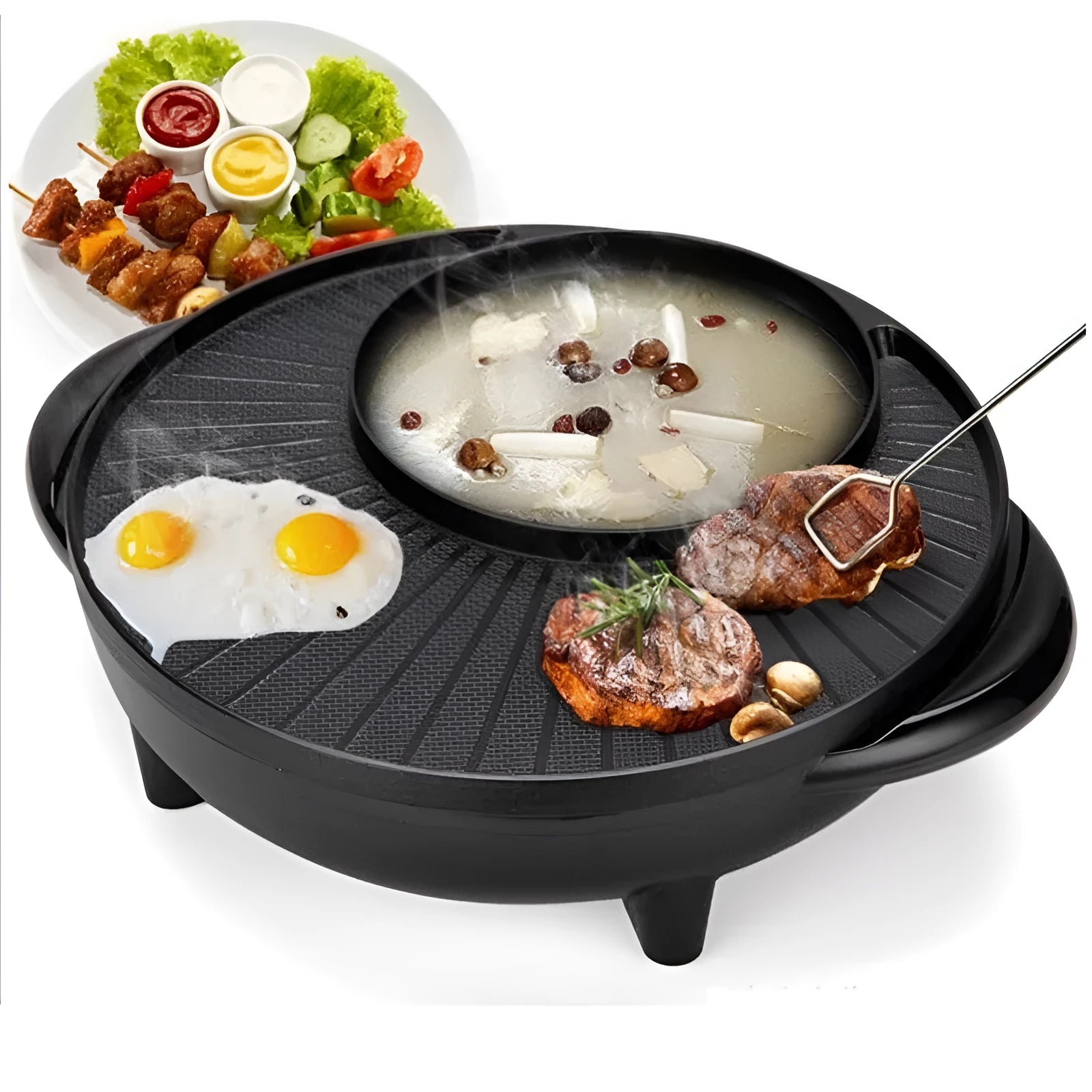 Black multifunctional electric grill pot with aluminium liner for Korean shabu-shabu hot pot and Teppanyaki cooking.