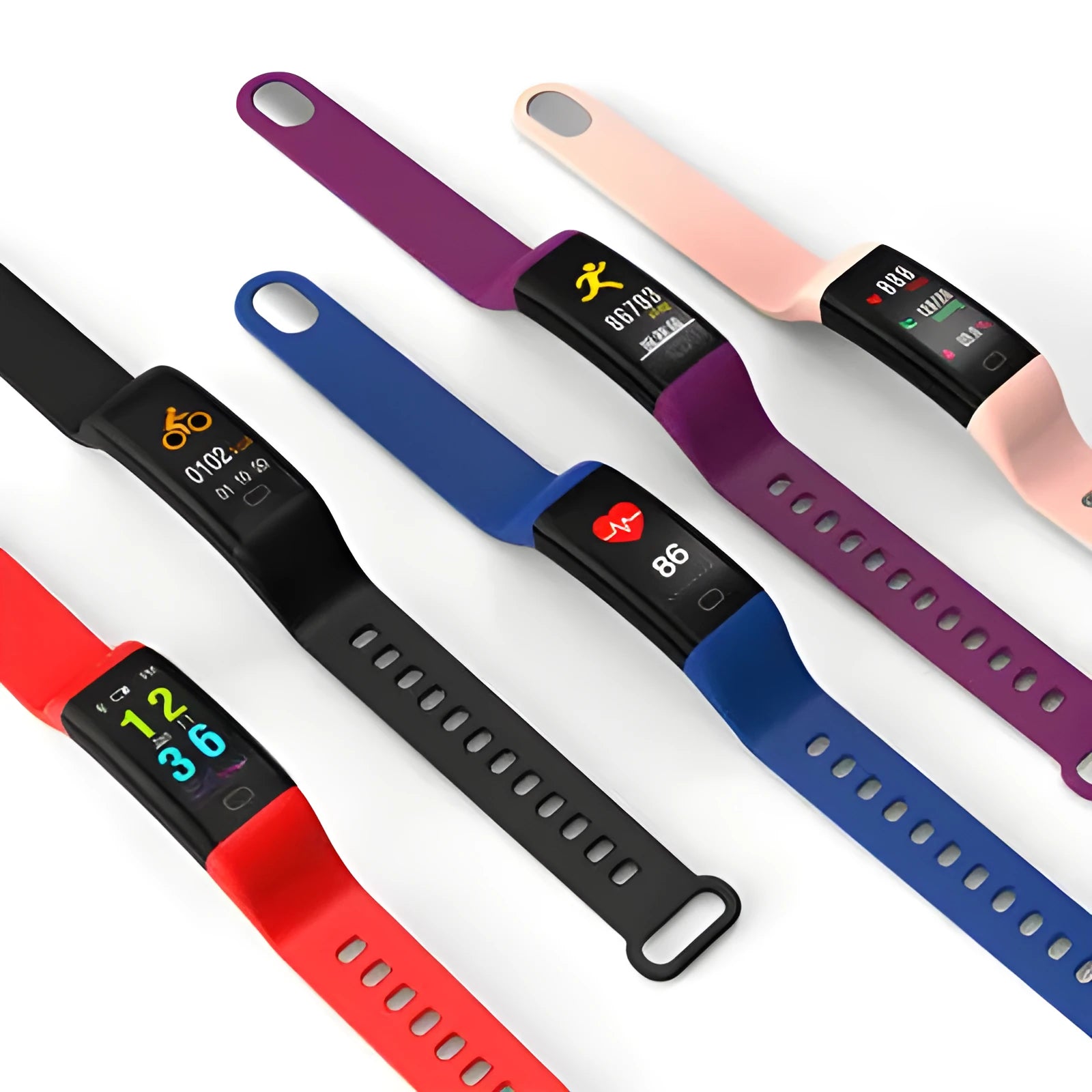 Smart band fitness tracker with big OLED screen in black, blue, pink, red, or violet colours, showing Bluetooth and IP68 waterproof features.
