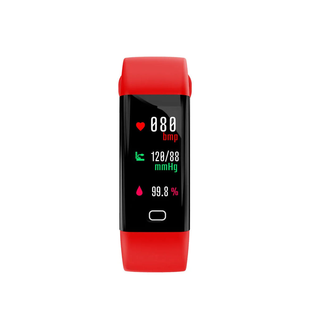 Smart band fitness tracker with big OLED screen in black, blue, pink, red, or violet colours, showing Bluetooth and IP68 waterproof features.
