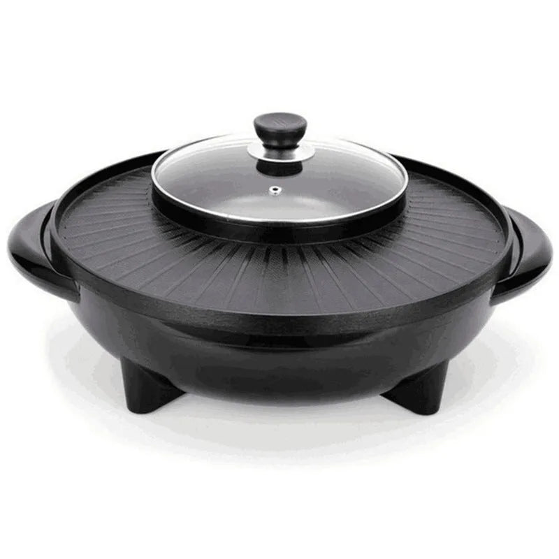 Black multifunctional electric grill pot with aluminium liner for Korean shabu-shabu hot pot and Teppanyaki cooking.