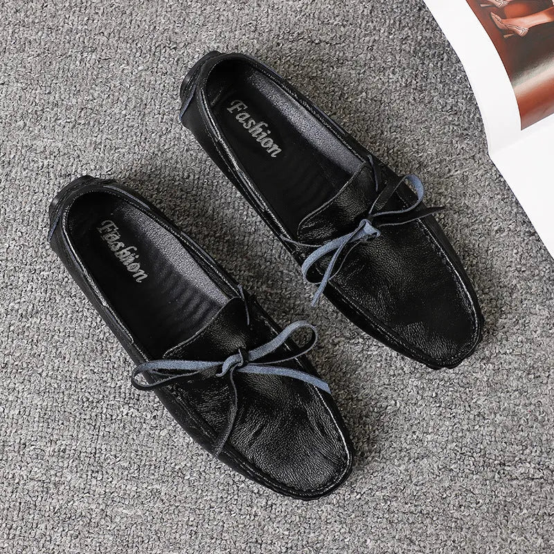 Summer men's genuine leather casual shoes in brown with sewing line detail