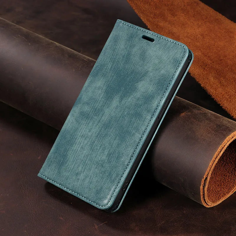Magnetic flip phone case for iPhone in a solid colour, showing TPU frame and leather cover.
