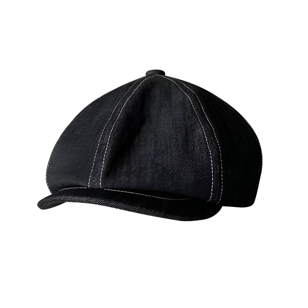 Black Japanese denim fabric beret hat shown on model, retro style unisex headwear