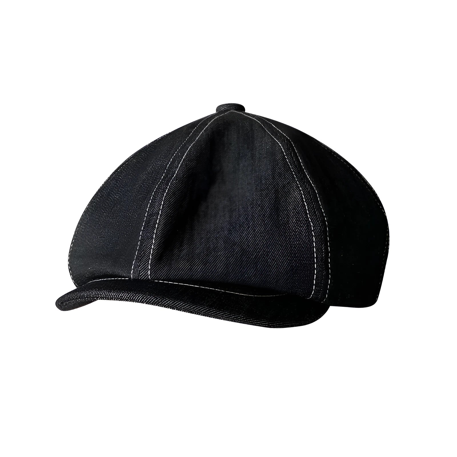 Black Japanese denim fabric beret hat shown on model, retro style unisex headwear