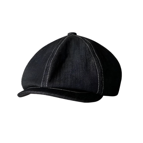 Black Japanese denim fabric beret hat shown on model, retro style unisex headwear