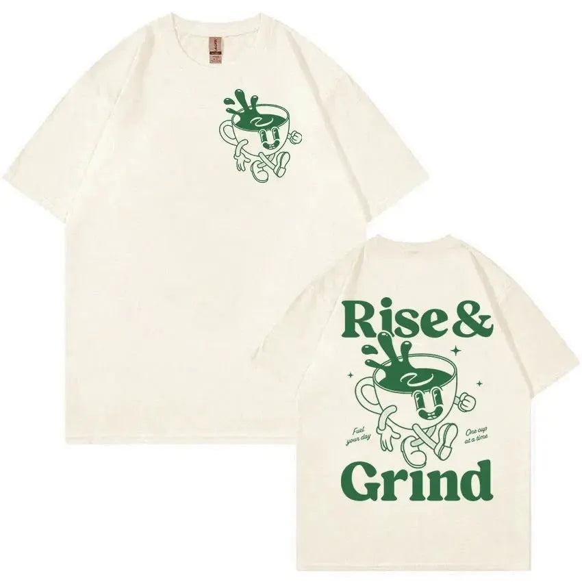 A loose-fit linen T-shirt with a Rise And Grind Green Coffee cartoon print, shown in one of ten available colours.