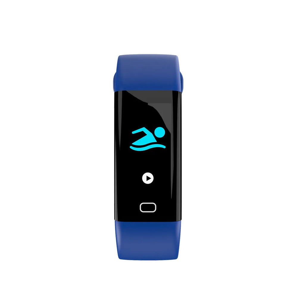 Smart band fitness tracker with big OLED screen in black, blue, pink, red, or violet colours, showing Bluetooth and IP68 waterproof features.