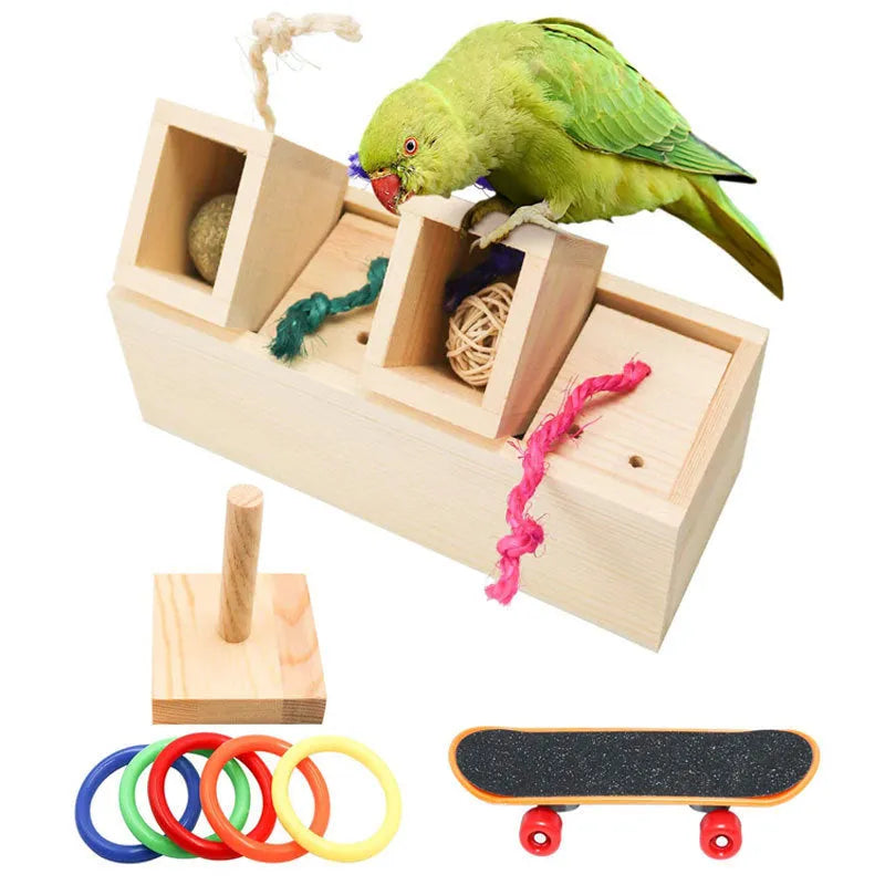 Wooden parrot puzzle training toys for birds in three set configurations