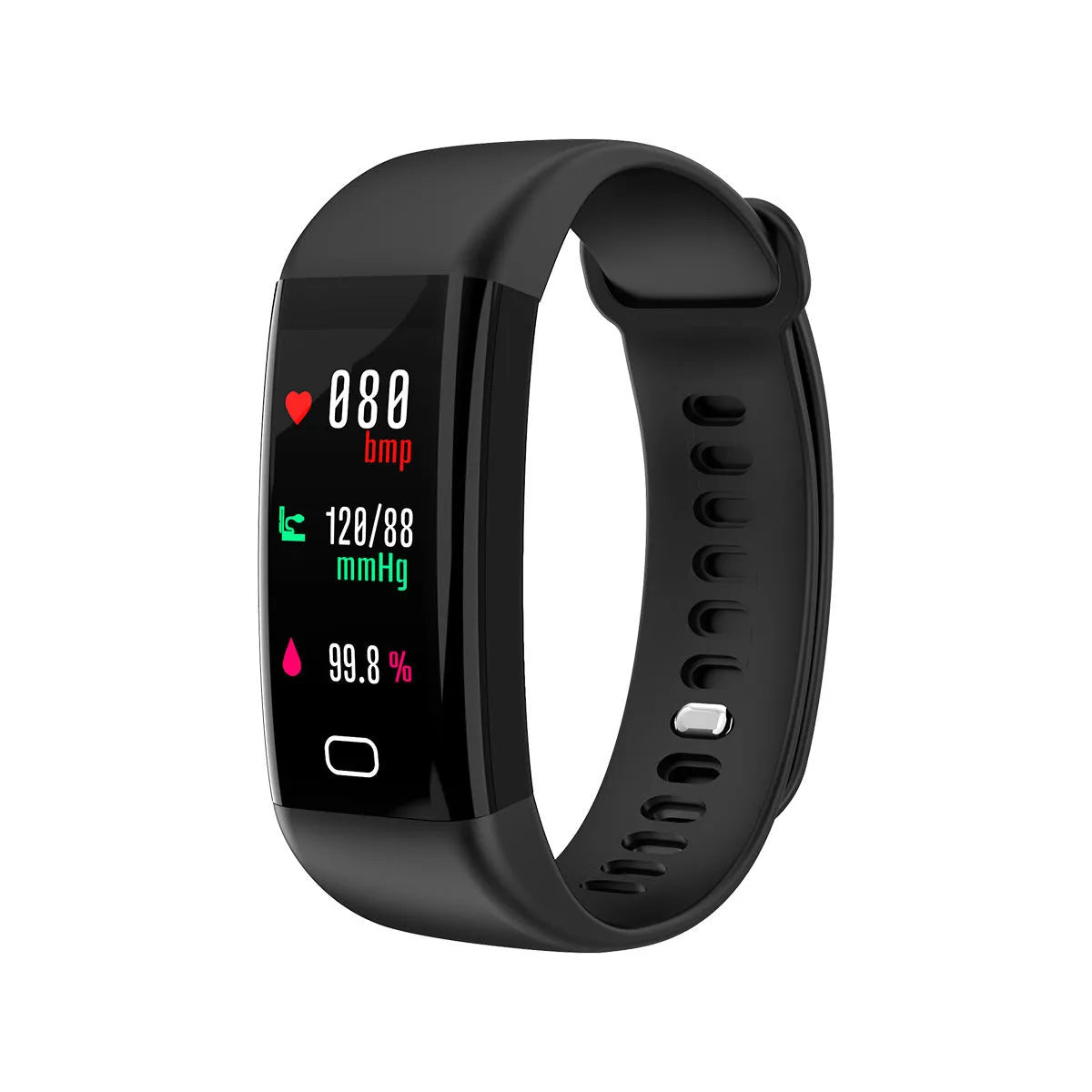 Smart band fitness tracker with big OLED screen in black, blue, pink, red, or violet colours, showing Bluetooth and IP68 waterproof features.