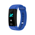 Smart band fitness tracker with big OLED screen in black, blue, pink, red, or violet colours, showing Bluetooth and IP68 waterproof features.