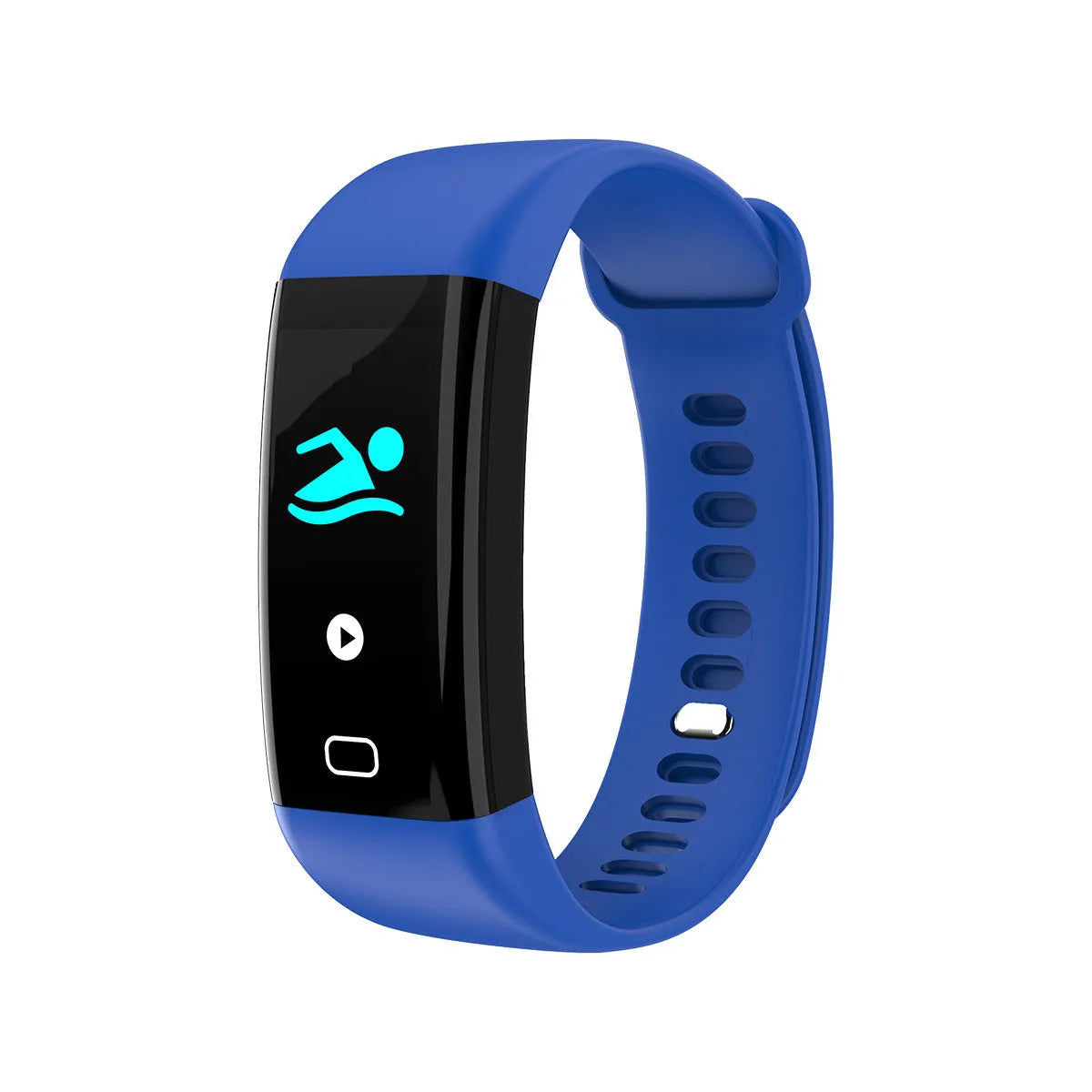 Smart band fitness tracker with big OLED screen in black, blue, pink, red, or violet colours, showing Bluetooth and IP68 waterproof features.