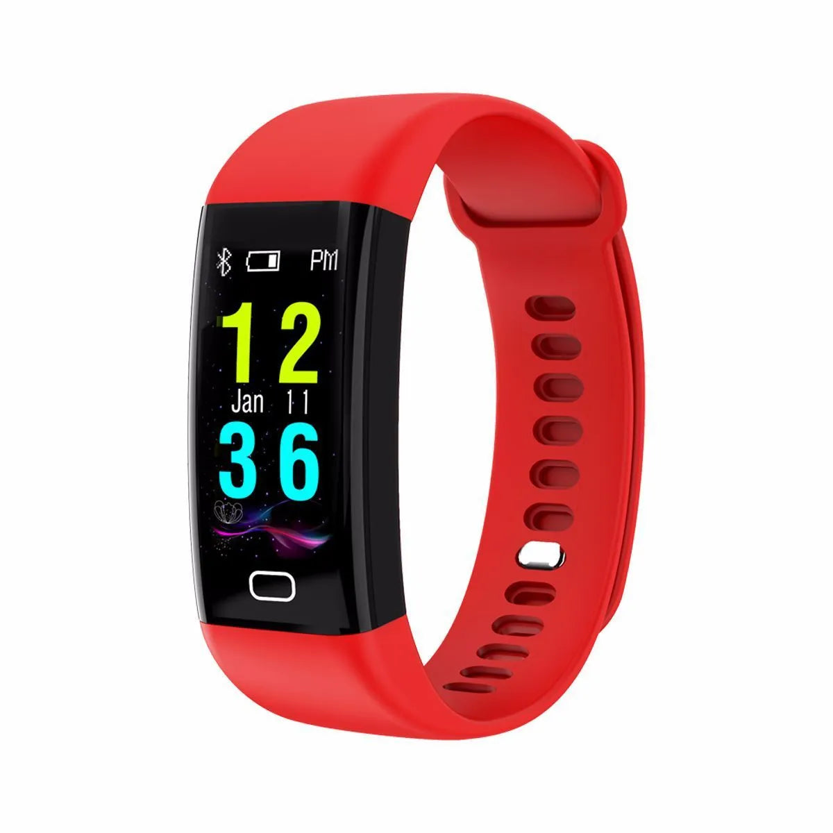Smart band fitness tracker with big OLED screen in black, blue, pink, red, or violet colours, showing Bluetooth and IP68 waterproof features.