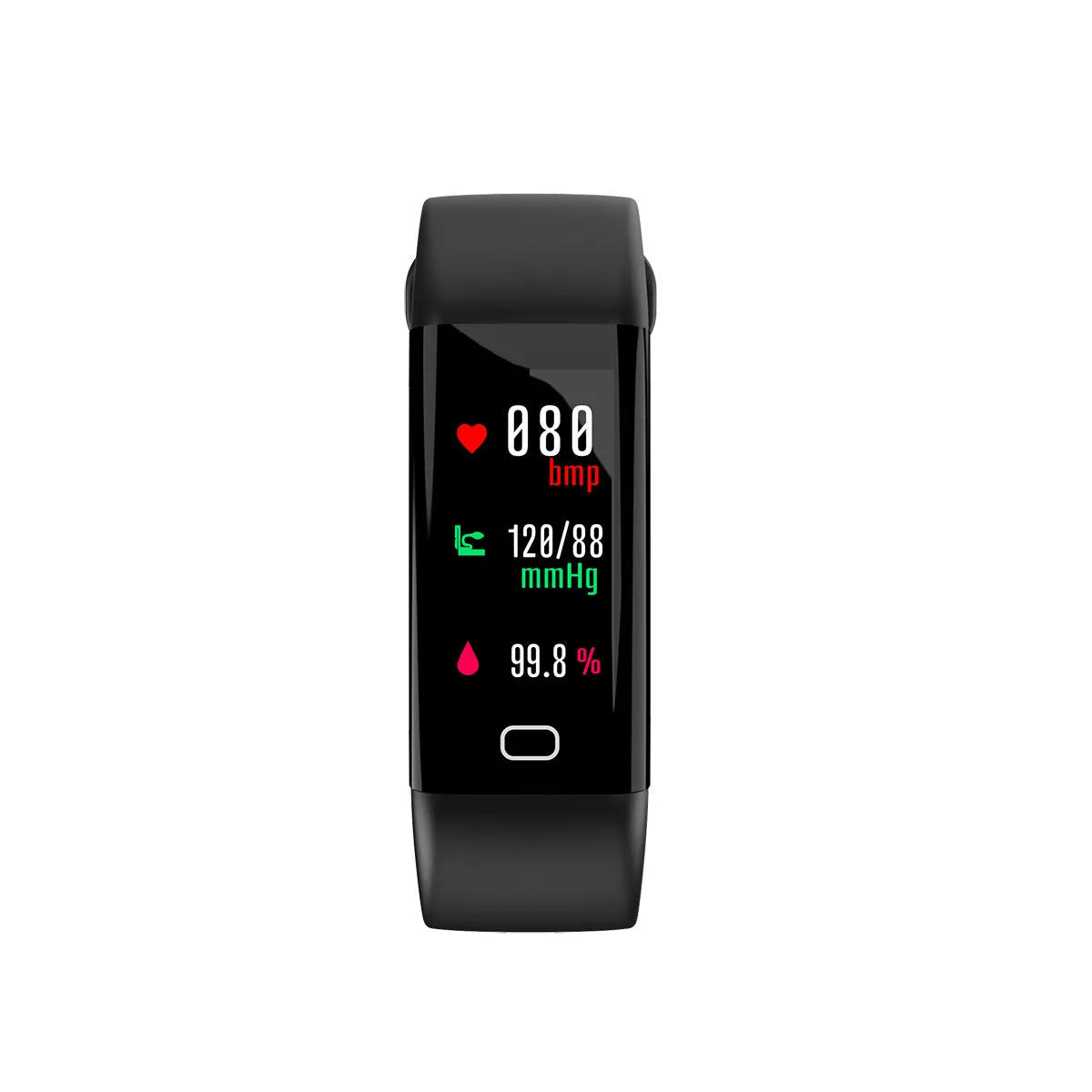 Smart band fitness tracker with big OLED screen in black, blue, pink, red, or violet colours, showing Bluetooth and IP68 waterproof features.