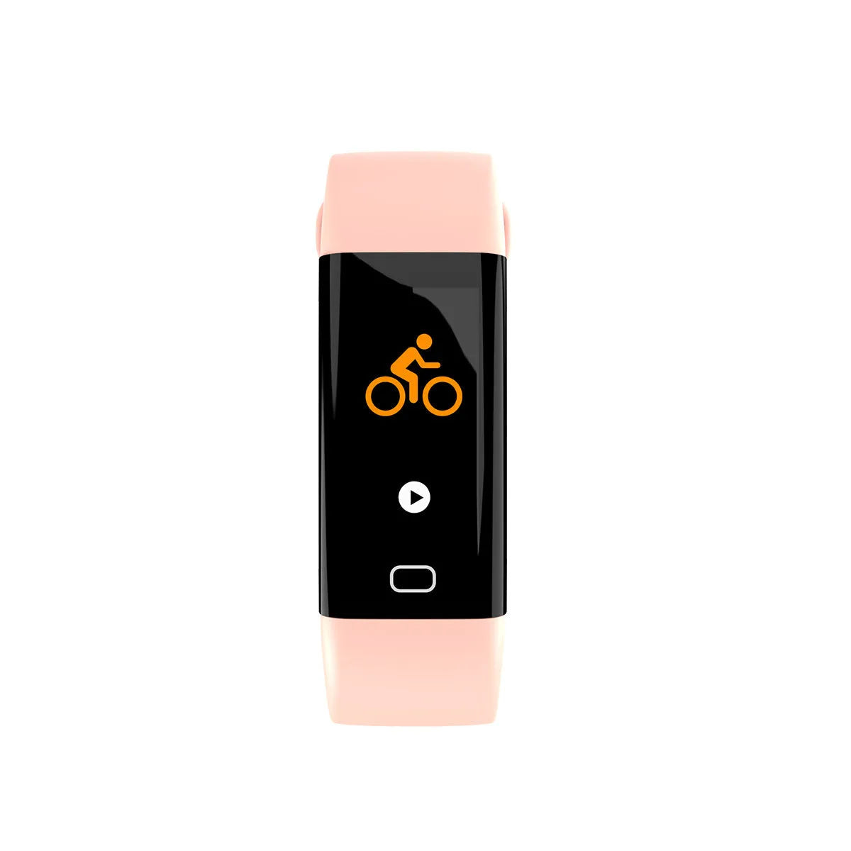 Smart band fitness tracker with big OLED screen in black, blue, pink, red, or violet colours, showing Bluetooth and IP68 waterproof features.