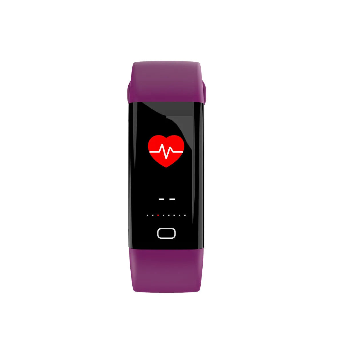 Smart band fitness tracker with big OLED screen in black, blue, pink, red, or violet colours, showing Bluetooth and IP68 waterproof features.