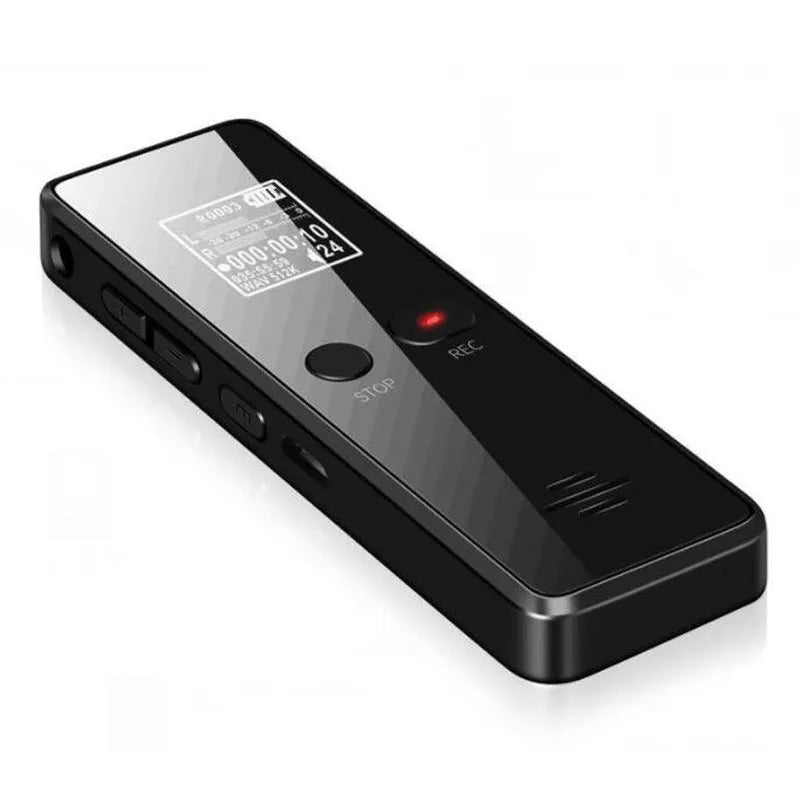 Black zinc alloy USB voice recorder and MP3 player showing LCD screen and USB connector.