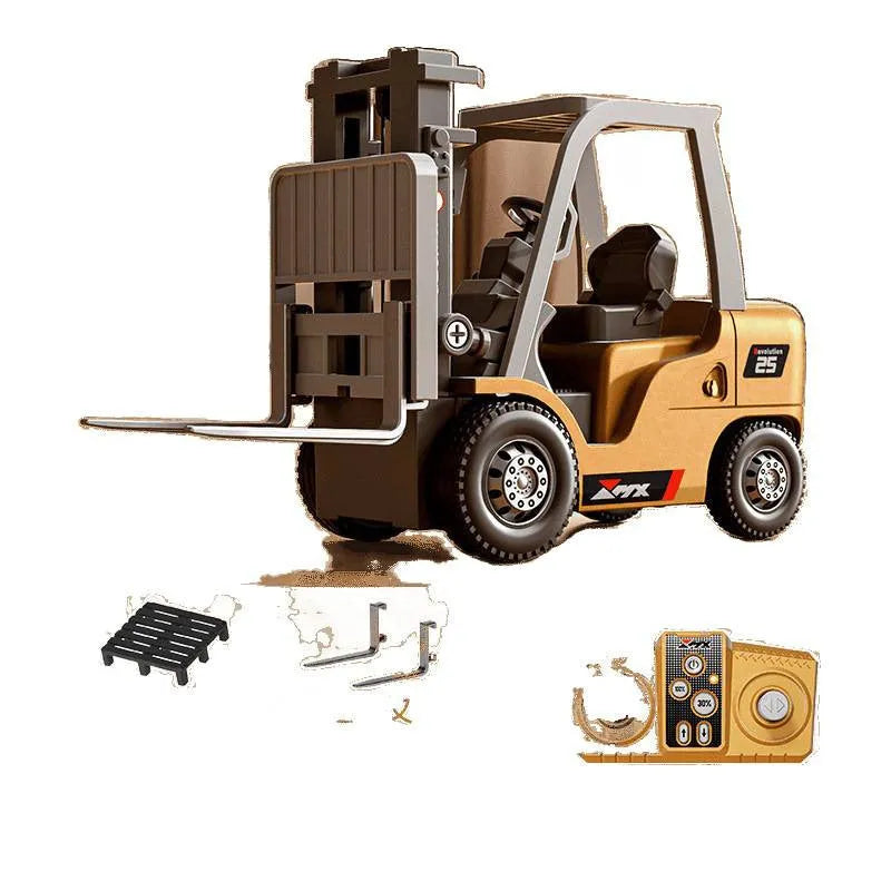 Mini alloy remote control forklift model with cargo pallet and hook on a table.