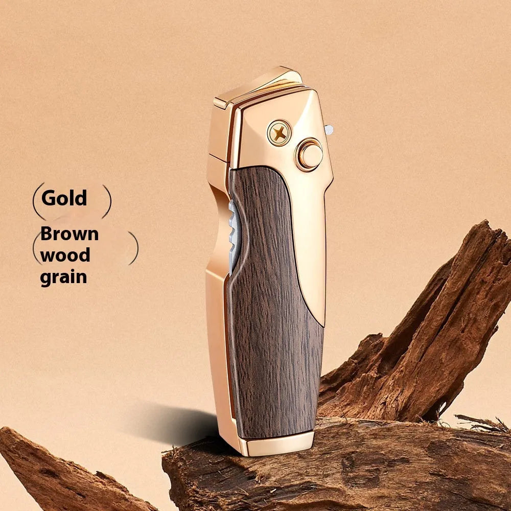 Zinc alloy metal folding lighter tool with integrated knife, shown in a carbon fibre finish.