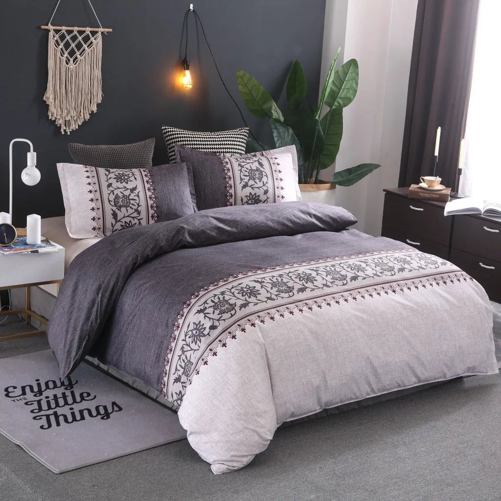 Plain weave polyester duvet cover set in solid colour or floral pattern on a bed