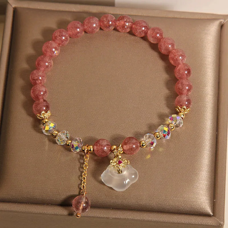 Women's strawberry quartz and white agate crystal bracelet with auspicious cloud design