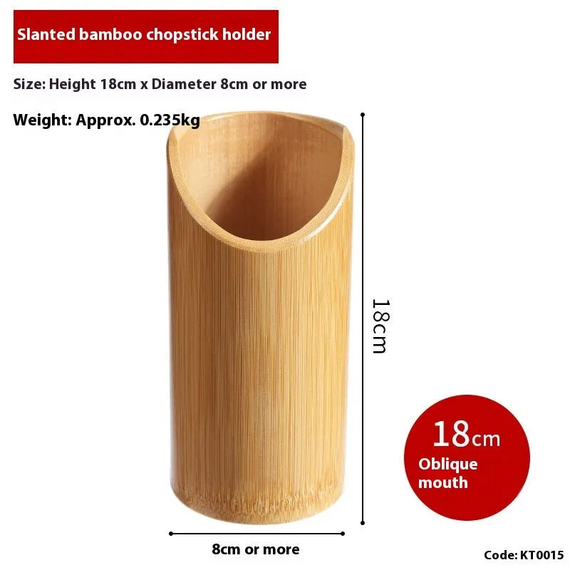 Wild bamboo chopsticks holder tube in various sizes on a wooden table.