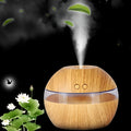 Brown wood grain USB humidifier with 200ml water tank measuring 90x80x5mm