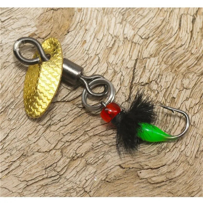 Five bionic mosquito fishing hooks with spinning sequins in multicoloured poisonous patterns