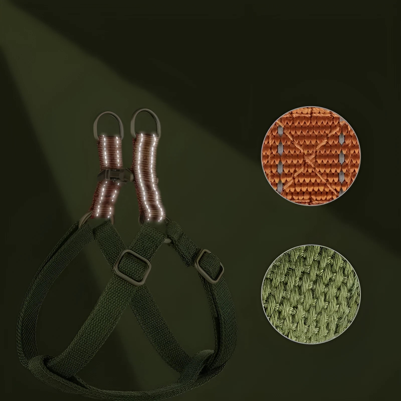 Brown vest-style dog leash with cotton belt and nylon construction on small dog