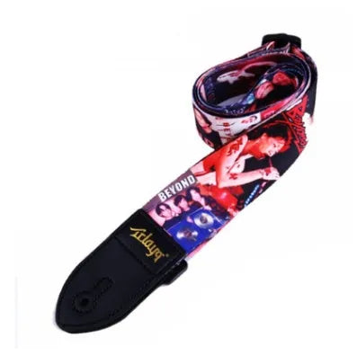 Printed cloth guitar shoulder strap showing eight design options including national flag and lightning patterns