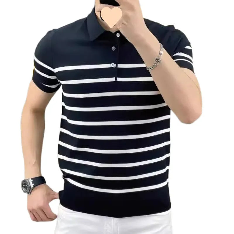 Striped lapel knitted T-shirt in polyester blend available in black or white colours