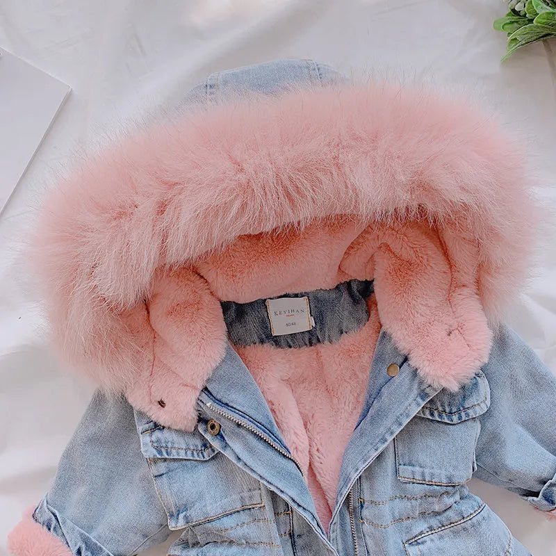 Girl's blue denim coat with an attached hood and plus velvet lining, shown on a hanger.