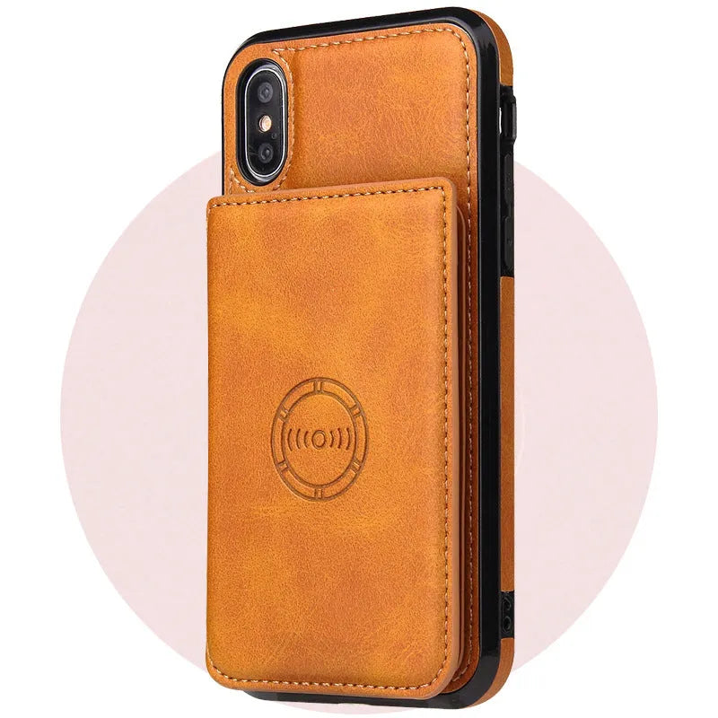 Synthetic leather back cover phone case with card wallet slot for iPhone, shown in multiple colour options.