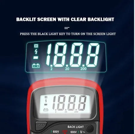 Yellow handheld digital multimeter with rotary dial and LCD display, CE certified