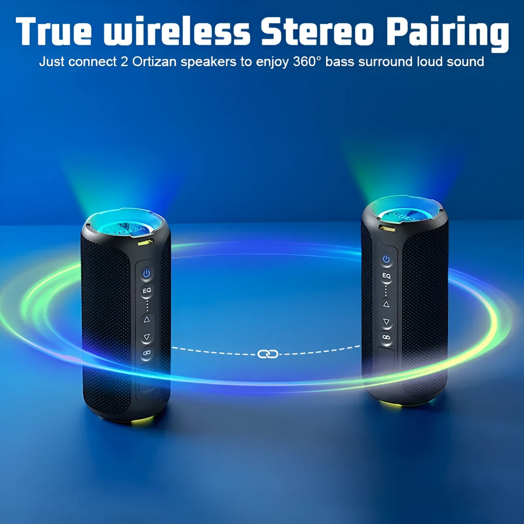 Black and blue fabric wireless Bluetooth speaker with lighting elements and card slot