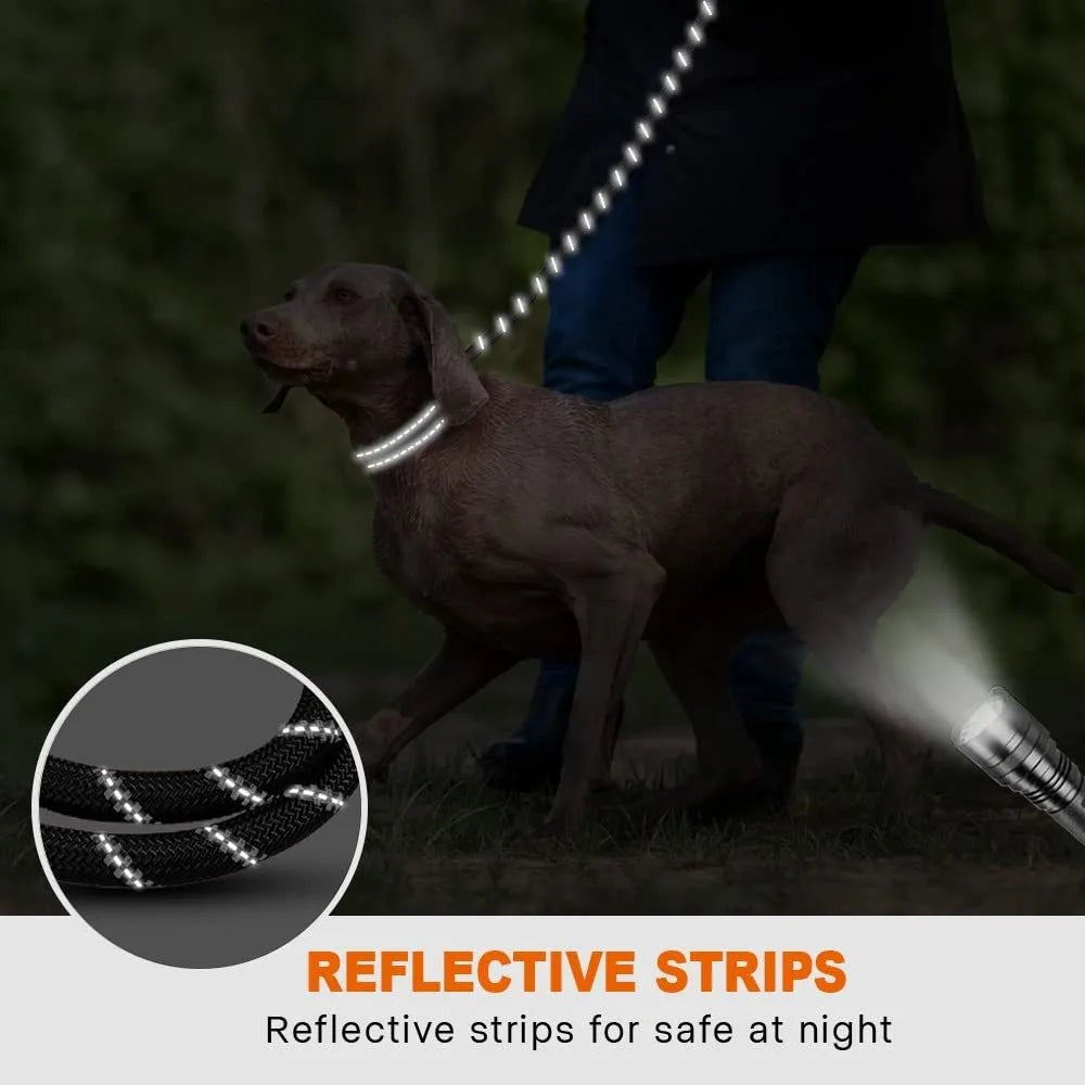 Black reflective dog leash with padded handle and adjustable waist rope for jogging
